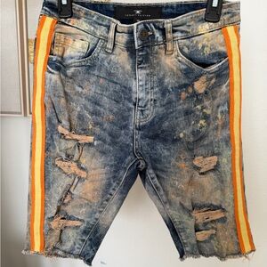 Jordan Craig Distressed Blue Denim Shorts with Orange Accents